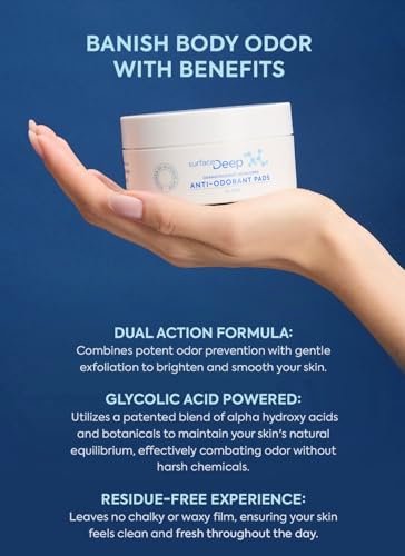 Surface Deep Anti-Odorant Pads – Aluminum-Free Deodorant & Glycolic Acid Exfoliation, 50 Pads Avelisse