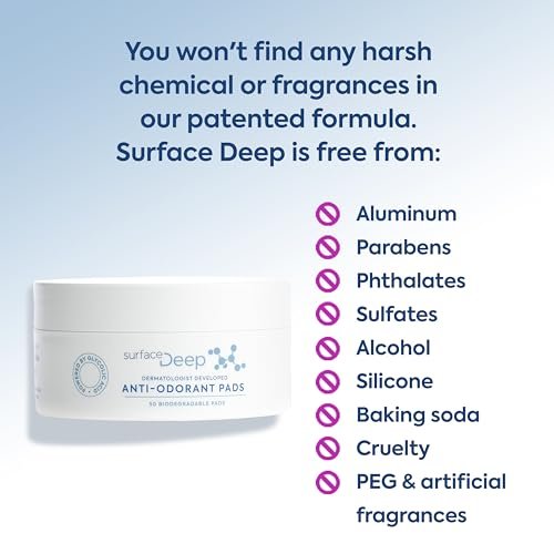 Surface Deep Anti-Odorant Pads – Aluminum-Free Deodorant & Glycolic Acid Exfoliation, 50 Pads Avelisse