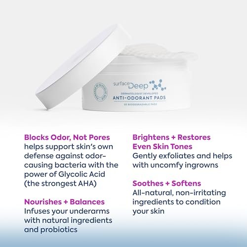 Surface Deep Anti-Odorant Pads – Aluminum-Free Deodorant & Glycolic Acid Exfoliation, 50 Pads Avelisse