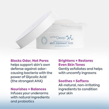 Surface Deep Anti-Odorant Pads – Aluminum-Free Deodorant & Glycolic Acid Exfoliation, 50 Pads Avelisse