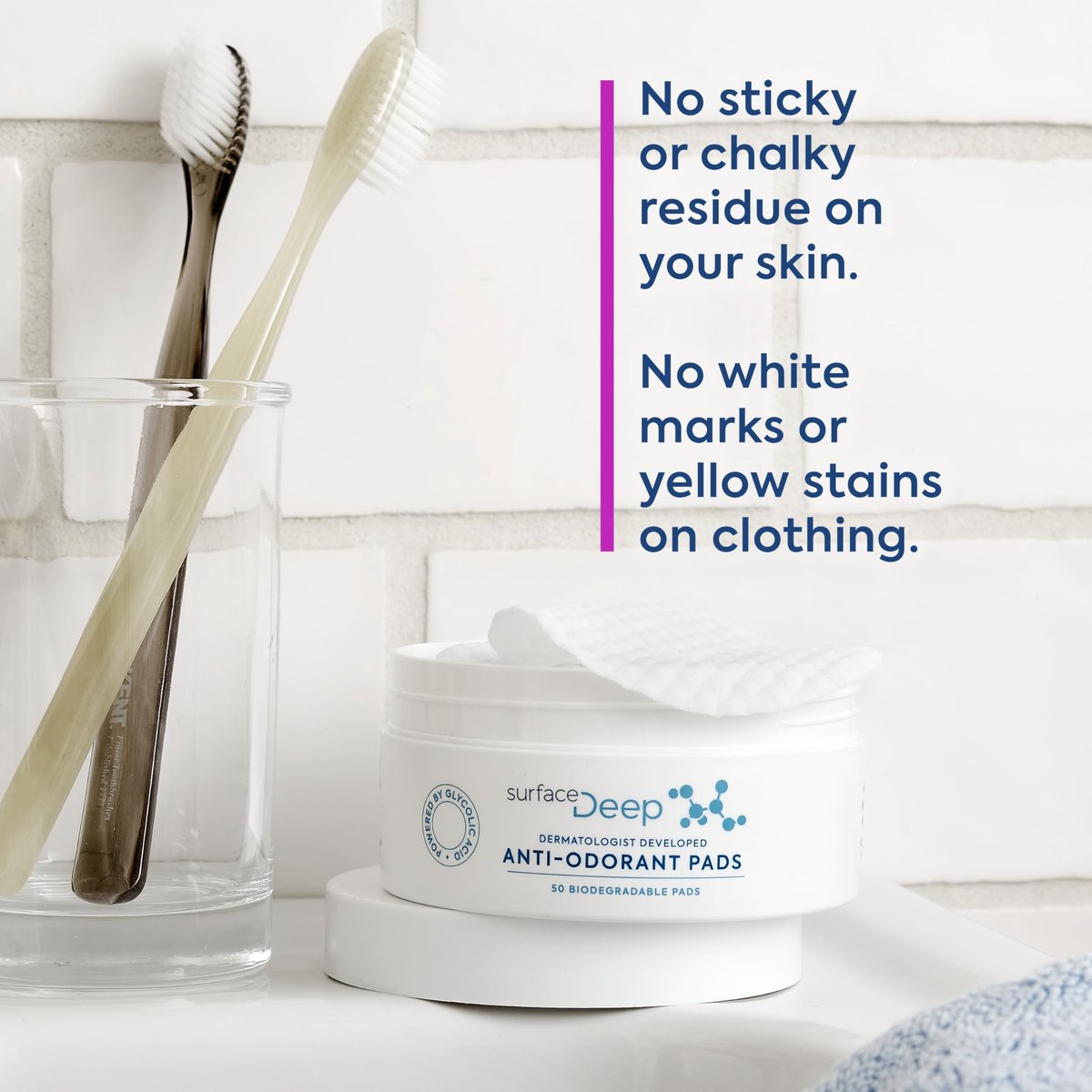 Surface Deep Anti-Odorant Pads – Aluminum-Free Deodorant & Glycolic Acid Exfoliation, 50 Pads Avelisse