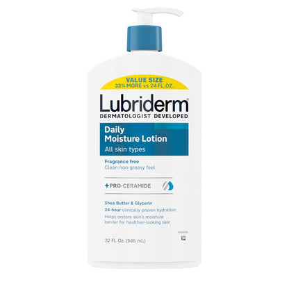 Lubriderm Daily Moisture Lotion + Pro-Ceramide with Shea Butter & Glycerin, Hydrating Face, Hand & Body Lotion for Dry Skin, Lightly Scented & Non-Greasy, 32 fl. oz