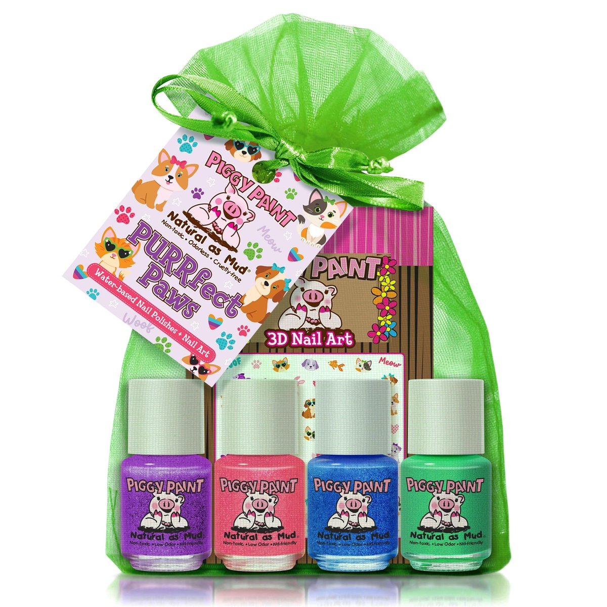 Piggy Paint 100% Non-Toxic Girls Nail Polish - PURRfect Paws Pet (4 Polish + Nail Art Gift Set) Avelisse
