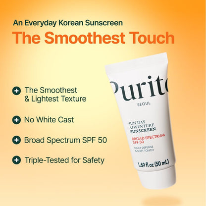 PURITO Korean Sunscreen SPF 50 – Lightest Texture, No White Cast, Oil-Free & Vegan Daily Sun Protection for All Skin Types, 50mL