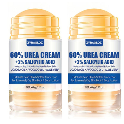 Urea Cream Stick 60% + 2% Salicylic Acid, 2-Pack Maximum Strength Foot Lotion for Cracked Heels, Dry Hands & Rough Knees, Callus Remover & Skin Softener