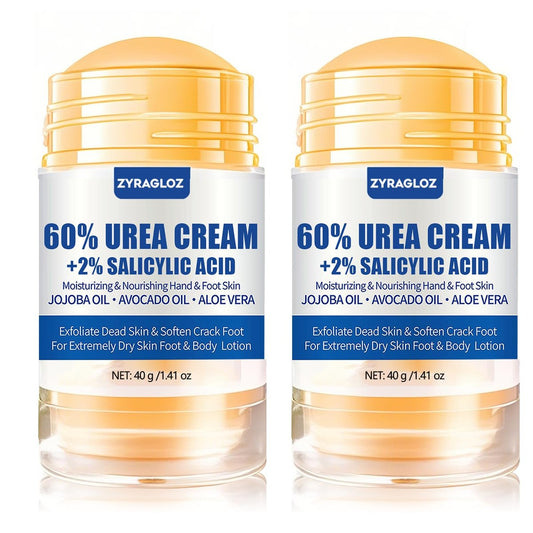Urea Cream Stick 60% + 2% Salicylic Acid, 2-Pack Maximum Strength Foot Lotion for Cracked Heels, Dry Hands & Rough Knees, Callus Remover & Skin Softener