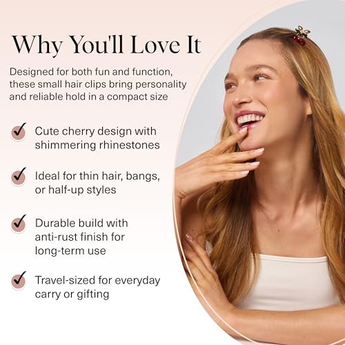 Kitsch Cherry Small Hair Clips for Women – Rhinestones Small Claw Clips | Electroplated Metal Springs and Anti-Rust Finish | Strong Hold for Updo and Cute Half Up Styles | Ideal Gifts for Women - 2pcs - görsel 6