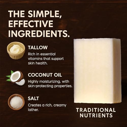 Unscented Beef Tallow Soap Bar - Grass Fed & Finished, Pure Suet Tallow, 4.6 oz (Pack of 3) by TRADITIONAL NUTRIENTS Avelisse