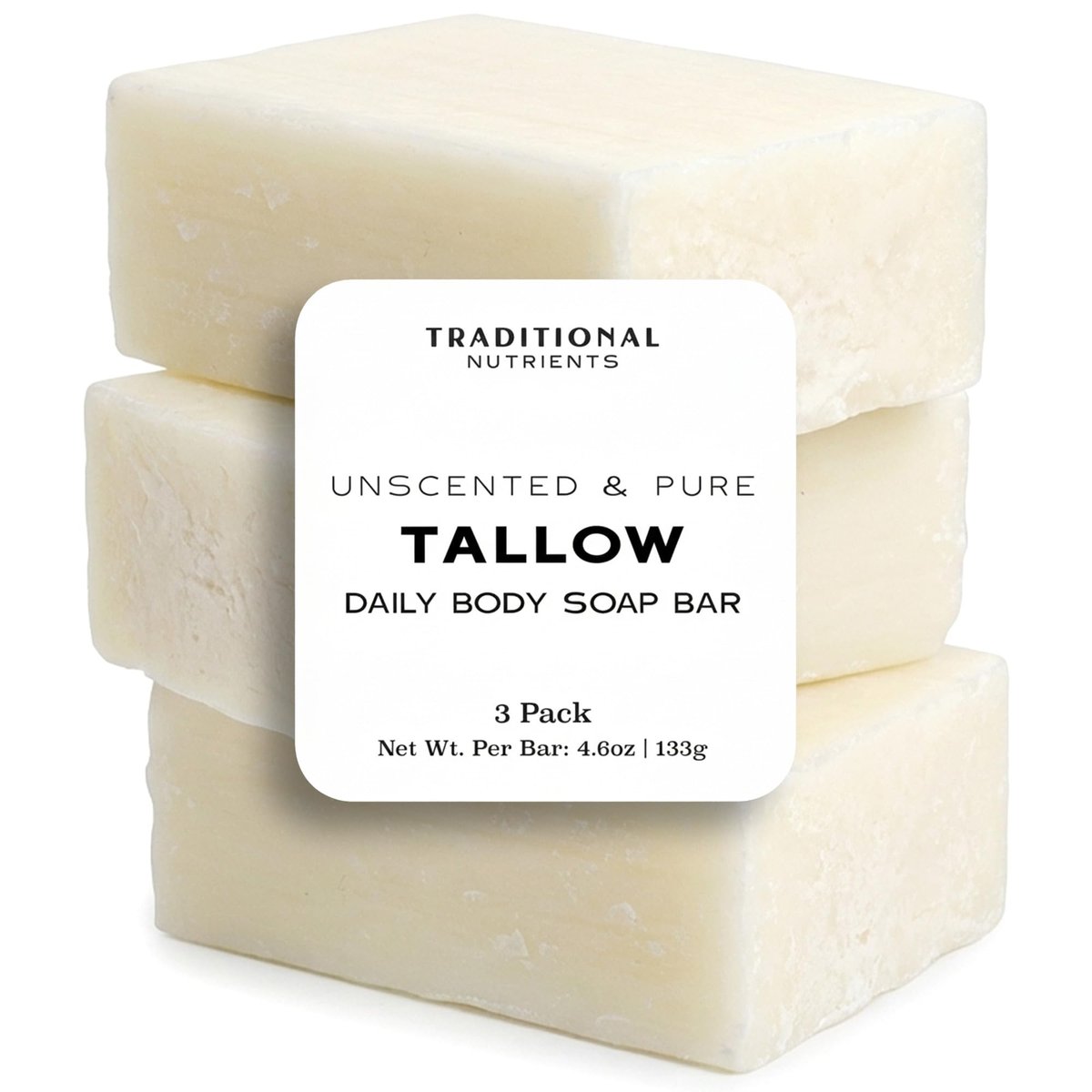 Unscented Beef Tallow Soap Bar - Grass Fed & Finished, Pure Suet Tallow, 4.6 oz (Pack of 3) by TRADITIONAL NUTRIENTS Avelisse