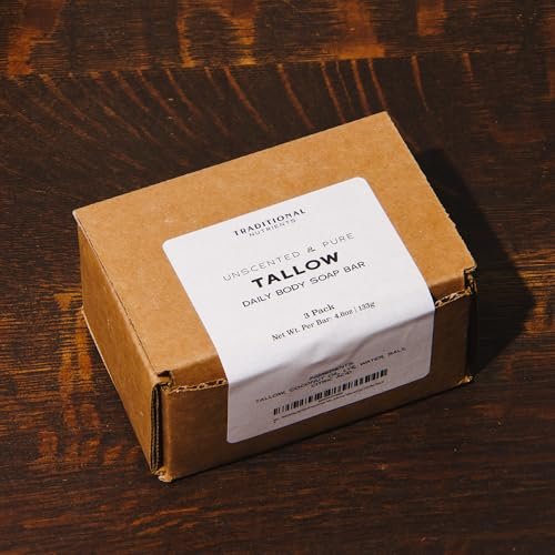 Unscented Beef Tallow Soap Bar - Grass Fed & Finished, Pure Suet Tallow, 4.6 oz (Pack of 3) by TRADITIONAL NUTRIENTS Avelisse