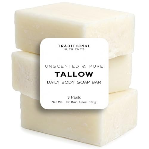 Unscented Beef Tallow Soap Bar - Grass Fed & Finished, Pure Suet Tallow, 4.6 oz (Pack of 3) by TRADITIONAL NUTRIENTS Avelisse