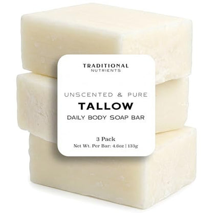 Unscented Beef Tallow Soap Bar - Grass Fed & Finished, Pure Suet Tallow, 4.6 oz (Pack of 3) by TRADITIONAL NUTRIENTS Avelisse