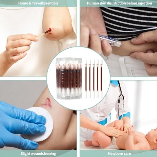 Sterile Iodine Swabs for First Aid – Single-Use Antiseptic Cotton Sticks for Wound Disinfection, Portable & Convenient for Travel, Home, Kids & Outdoor Emergencies Avelisse