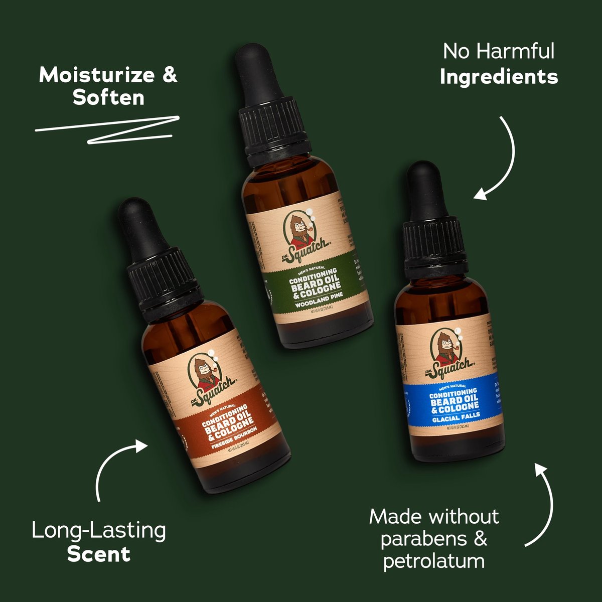 Dr. Squatch Conditioning Beard Oil & Cologne 3 Pack – Natural Men's Beard Oil Gift Set – Fireside Bourbon, Glacial Falls, Woodland Pine Avelisse
