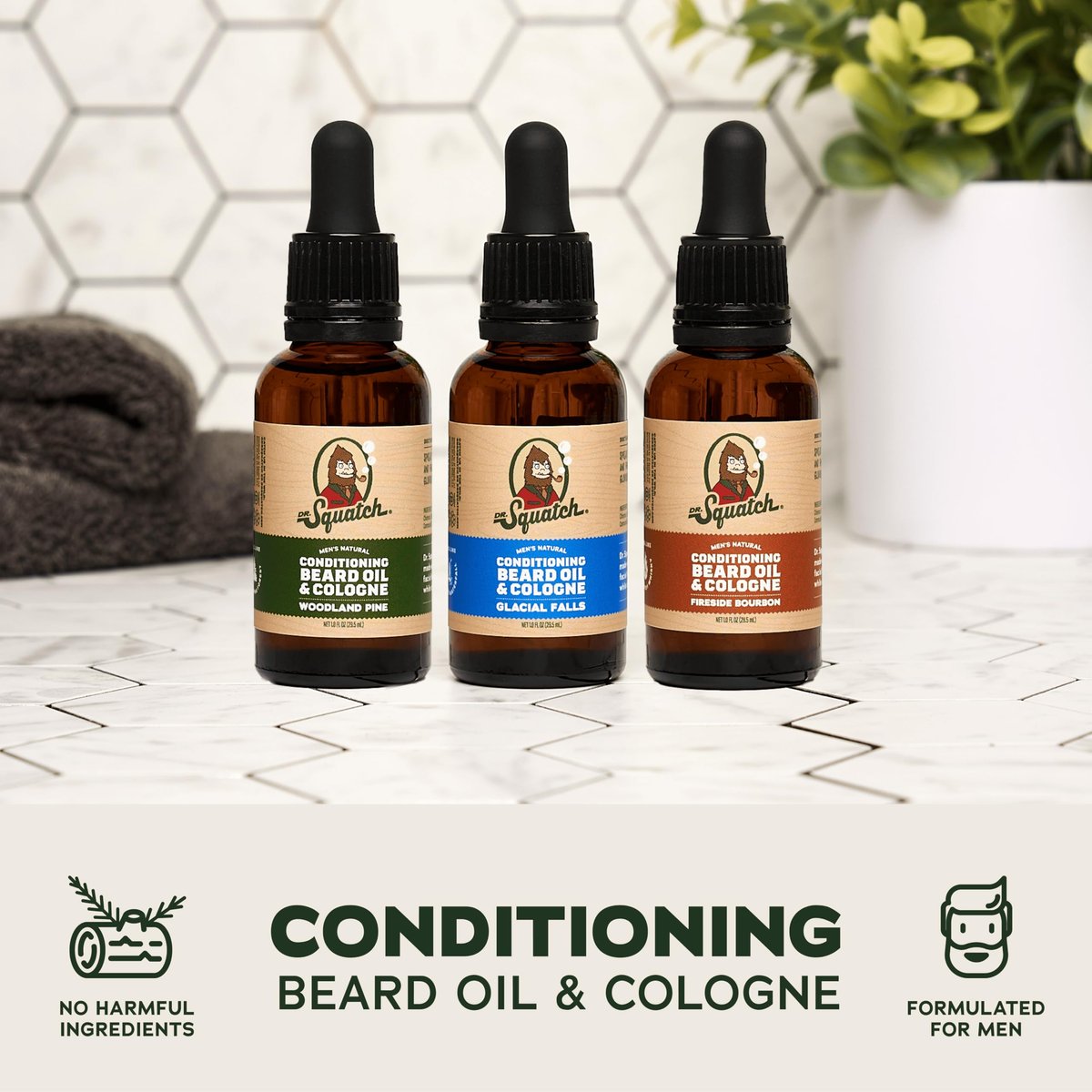 Dr. Squatch Conditioning Beard Oil & Cologne 3 Pack – Natural Men's Beard Oil Gift Set – Fireside Bourbon, Glacial Falls, Woodland Pine Avelisse
