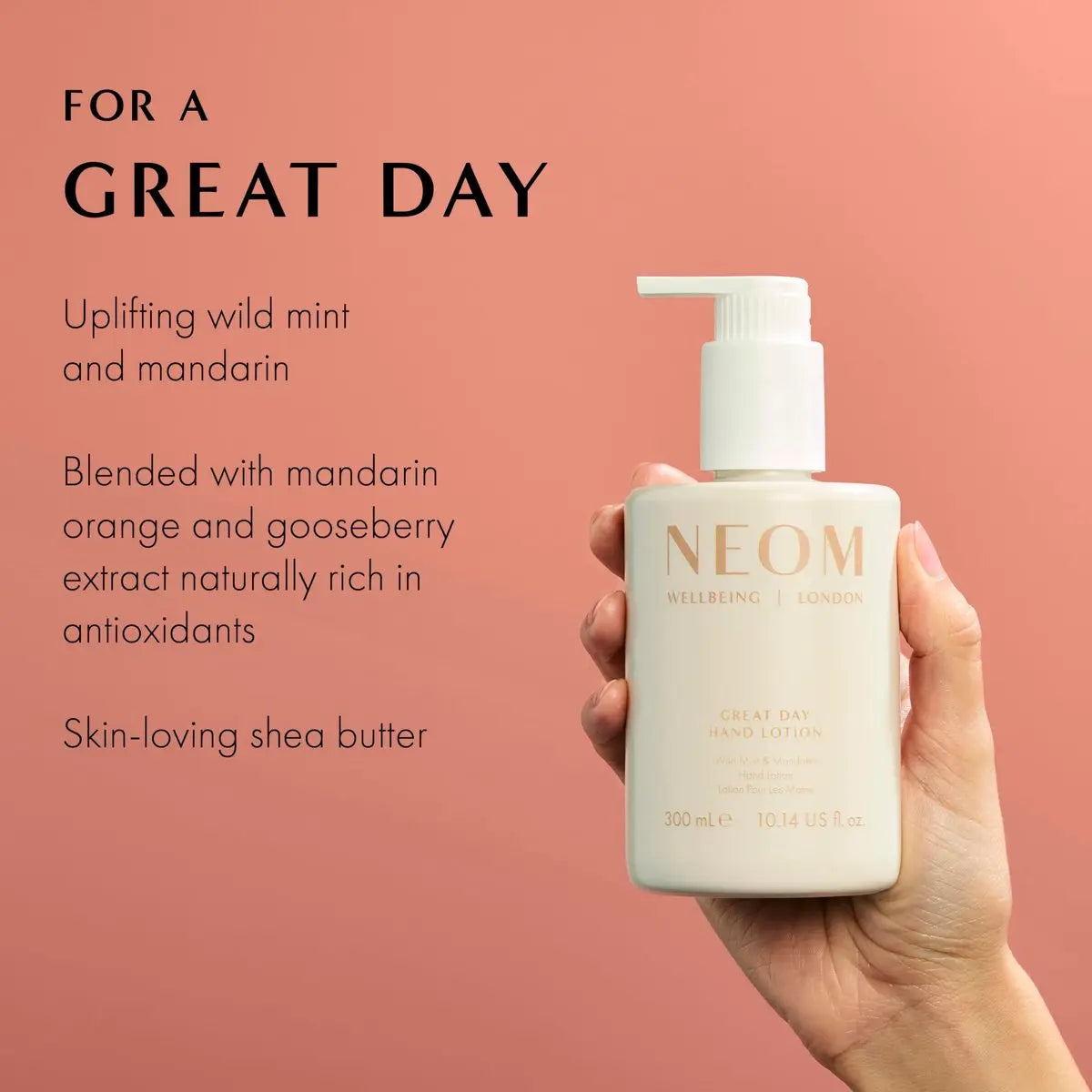 Neom Great Day Hand Lotion, 300ml | Wild Mint & Mandarin with 7 Essential Oils | 100% Natural Fragrance | Hydrating & Luxurious Formula Avelisse
