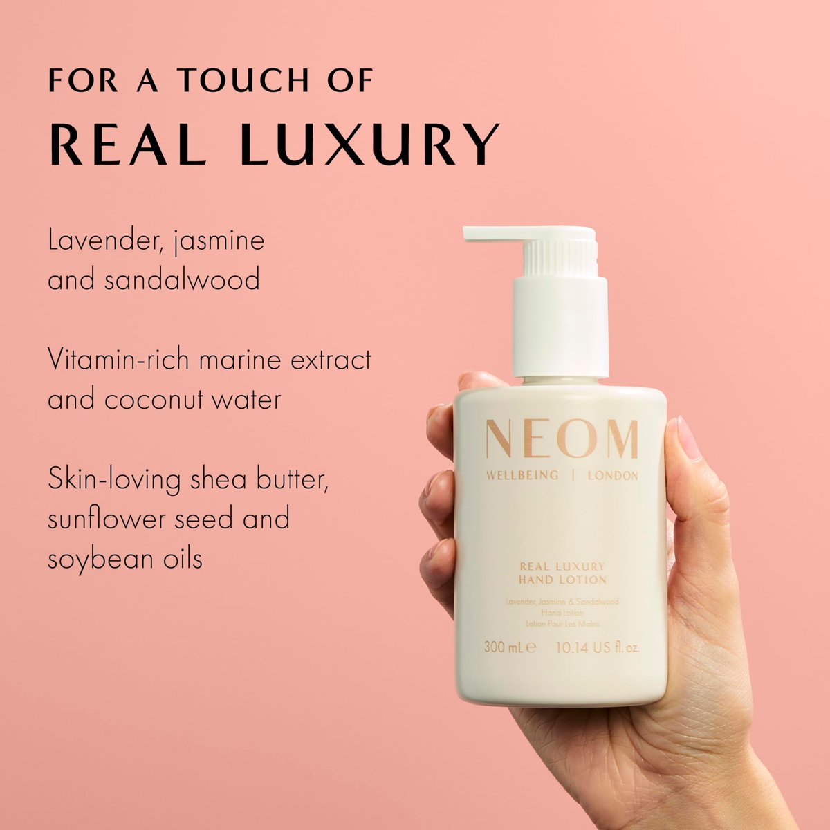Neom Real Luxury Hand Lotion, 300ml | Lavender, Jasmine & Sandalwood | 24 Essential Oils | 100% Natural Fragrances | Hydrating & Nourishing Hand Cream Avelisse