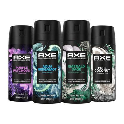 AXE Fine Fragrance Body Spray Variety Pack 4 Pack – Emerald Sage, Aqua Bergamot, Purple Patchouli, Pure Coconut (4 oz each) Avelisse