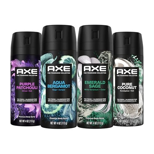 AXE Fine Fragrance Body Spray Variety Pack 4 Pack – Emerald Sage, Aqua Bergamot, Purple Patchouli, Pure Coconut (4 oz each) Avelisse