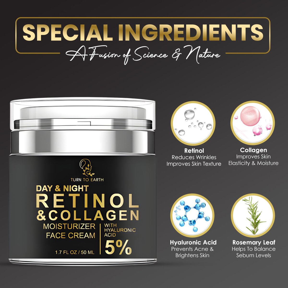 TURN TO EARTH Day & Night Retinol Face Moisturizer with Collagen and Hyaluronic Acid - 1.7 oz - görsel 7
