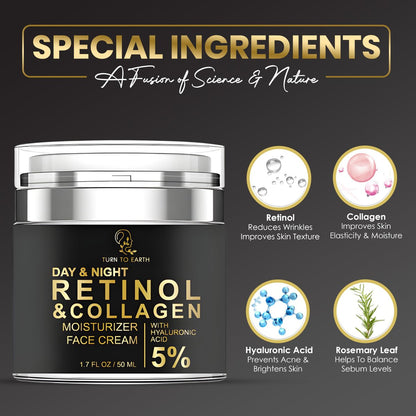 TURN TO EARTH Day & Night Retinol Face Moisturizer with Collagen and Hyaluronic Acid - 1.7 oz