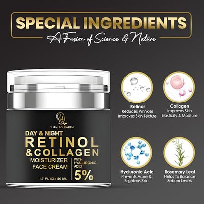 TURN TO EARTH Day & Night Retinol Face Moisturizer with Collagen and Hyaluronic Acid - 1.7 oz