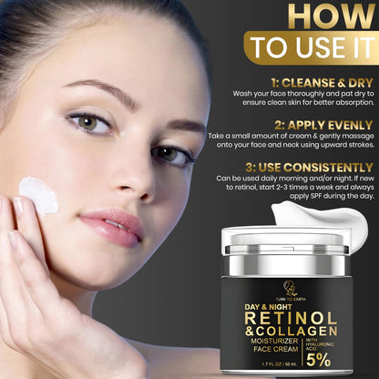 TURN TO EARTH Day & Night Retinol Face Moisturizer with Collagen and Hyaluronic Acid - 1.7 oz
