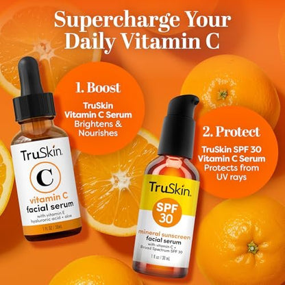TruSkin Sunscreen Serum for Face - SPF 30 Universal Tinted Mineral Sunscreen Face Serum with Zinc Oxide - Sheer, Lightweight Finish with Vitamin C, Hyaluronic Acid, Ceramides & Niacinamide, 1 fl oz