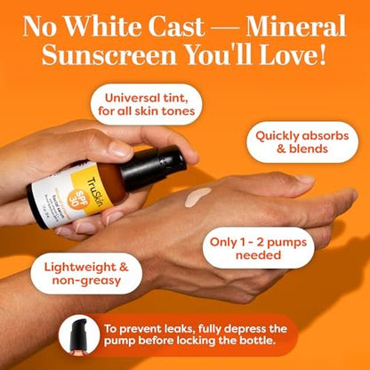 TruSkin Sunscreen Serum for Face - SPF 30 Universal Tinted Mineral Sunscreen Face Serum with Zinc Oxide - Sheer, Lightweight Finish with Vitamin C, Hyaluronic Acid, Ceramides & Niacinamide, 1 fl oz