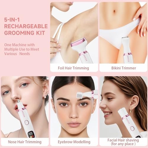 5-in-1 Electric Razor Shaver for Women – Cordless Bikini Trimmer, Facial Hair Remover & Nose Trimmer, Wet Dry Use, White Avelisse