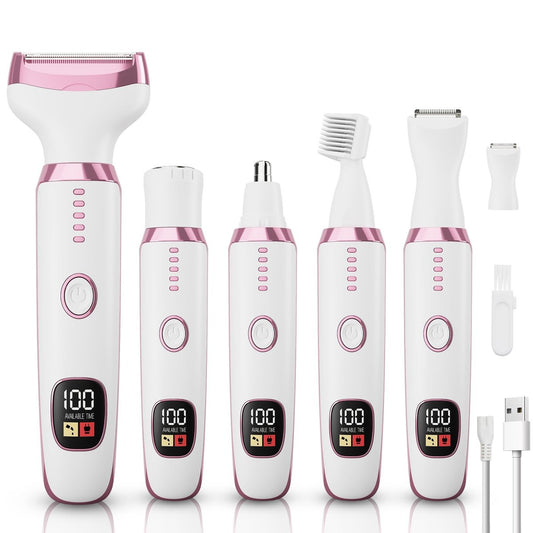 5-in-1 Electric Razor Shaver for Women – Cordless Bikini Trimmer, Facial Hair Remover & Nose Trimmer, Wet Dry Use, White Avelisse