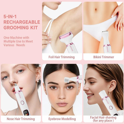 5-in-1 Electric Razor Shaver for Women – Cordless Bikini Trimmer, Facial Hair Remover & Nose Trimmer, Wet Dry Use, White Avelisse
