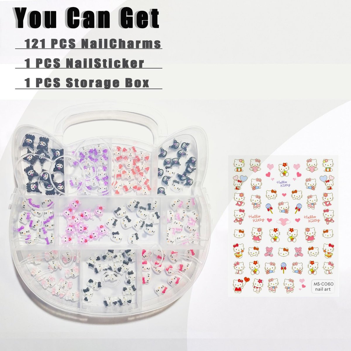 121 PCS Kitty Nail Charms Kawaii Nail Art Stickers - 3D Flatback Resin Charms for Nail Decorations - görsel 3
