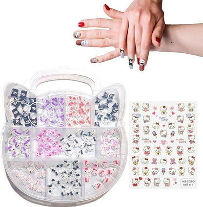 121 PCS Kitty Nail Charms Kawaii Nail Art Stickers - 3D Flatback Resin Charms for Nail Decorations