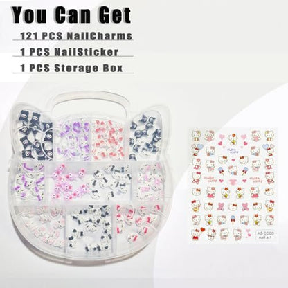 121 PCS Kitty Nail Charms Kawaii Nail Art Stickers - 3D Flatback Resin Charms for Nail Decorations