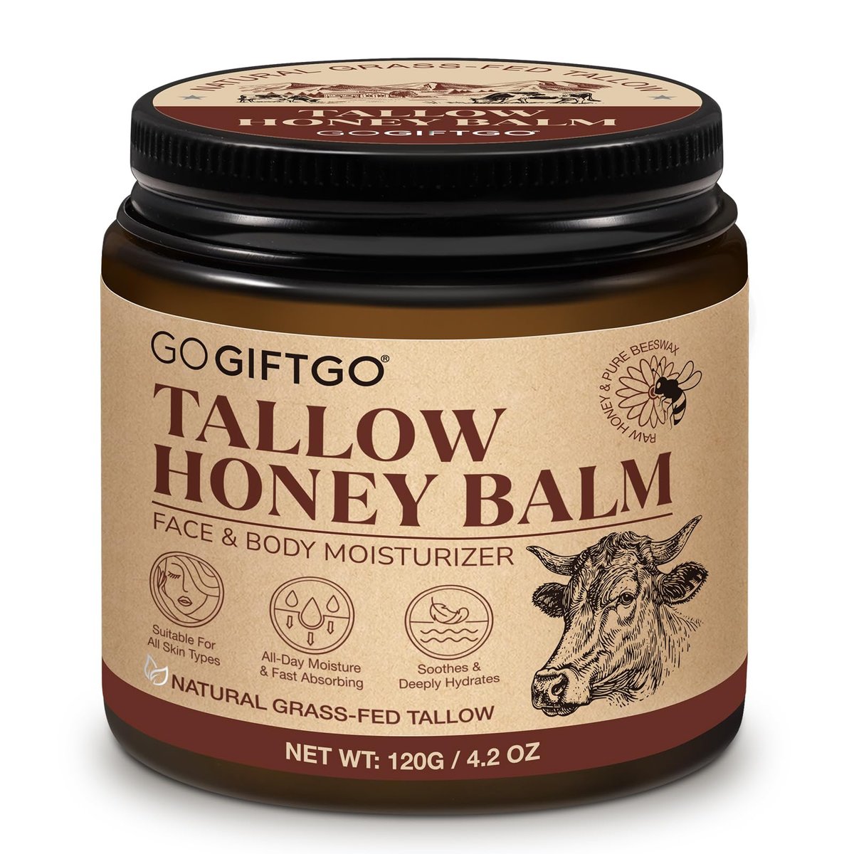 Grass Fed Whipped Tallow Honey Balm - Natural Moisturizer for Face and Skin, Deeply Nourishes & Hydrates, Enhances Radiance Avelisse