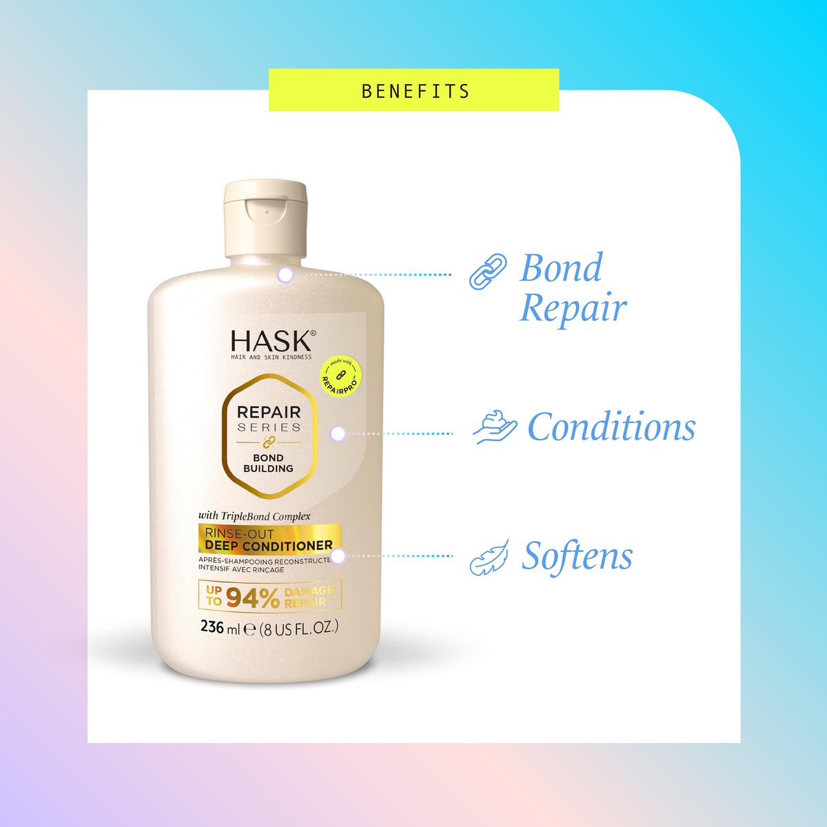 HASK Bond Building Rinse-Out Deep Conditioner with Triple Bond Complex & Argan Oil – Repairs Damage, Softens, Adds Moisture – Sulfate-Free, Cruelty-Free, Color-Safe (8 oz) - görsel 7