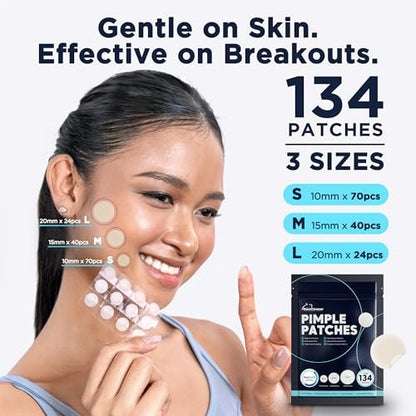 Dura Cleanse Pimple Patches for Face - 134 Count Hydrocolloid Acne Patches, Zit & Blemish Dots, Invisible Clear Stickers for Forehead, Chin, Nose, 3 Sizes (S, M, L) Avelisse
