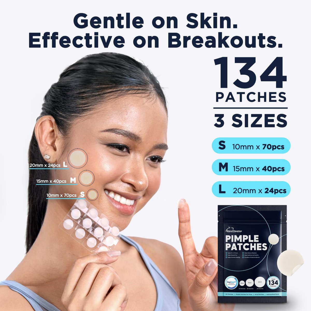 Dura Cleanse Pimple Patches for Face - 134 Count Hydrocolloid Acne Patches, Zit & Blemish Dots, Invisible Clear Stickers for Forehead, Chin, Nose, 3 Sizes (S, M, L) Avelisse