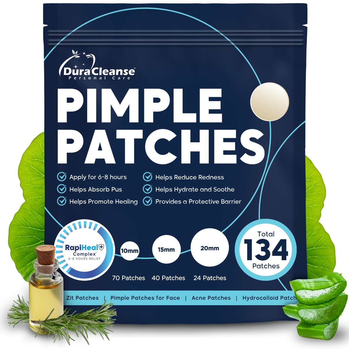Dura Cleanse Pimple Patches for Face - 134 Count Hydrocolloid Acne Patches, Zit & Blemish Dots, Invisible Clear Stickers for Forehead, Chin, Nose, 3 Sizes (S, M, L) Avelisse