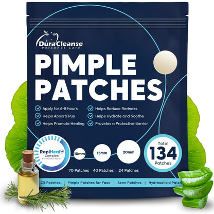Dura Cleanse Pimple Patches for Face - 134 Count Hydrocolloid Acne Patches, Zit & Blemish Dots, Invisible Clear Stickers for Forehead, Chin, Nose, 3 Sizes (S, M, L) Avelisse