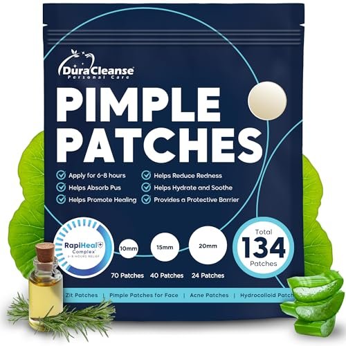 Dura Cleanse Pimple Patches for Face - 134 Count Hydrocolloid Acne Patches, Zit & Blemish Dots, Invisible Clear Stickers for Forehead, Chin, Nose, 3 Sizes (S, M, L) Avelisse