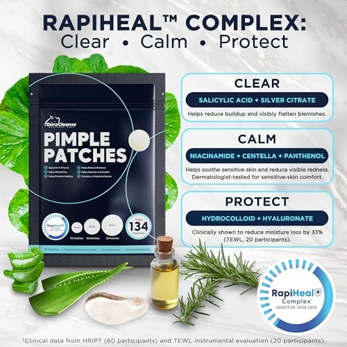 Dura Cleanse Pimple Patches for Face - 134 Count Hydrocolloid Acne Patches, Zit & Blemish Dots, Invisible Clear Stickers for Forehead, Chin, Nose, 3 Sizes (S, M, L) Avelisse
