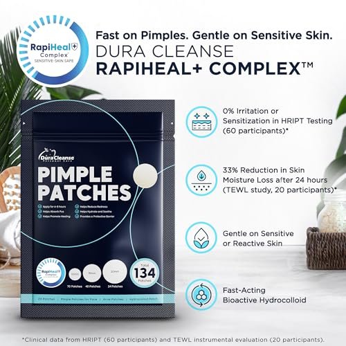 Dura Cleanse Pimple Patches for Face - 134 Count Hydrocolloid Acne Patches, Zit & Blemish Dots, Invisible Clear Stickers for Forehead, Chin, Nose, 3 Sizes (S, M, L) Avelisse