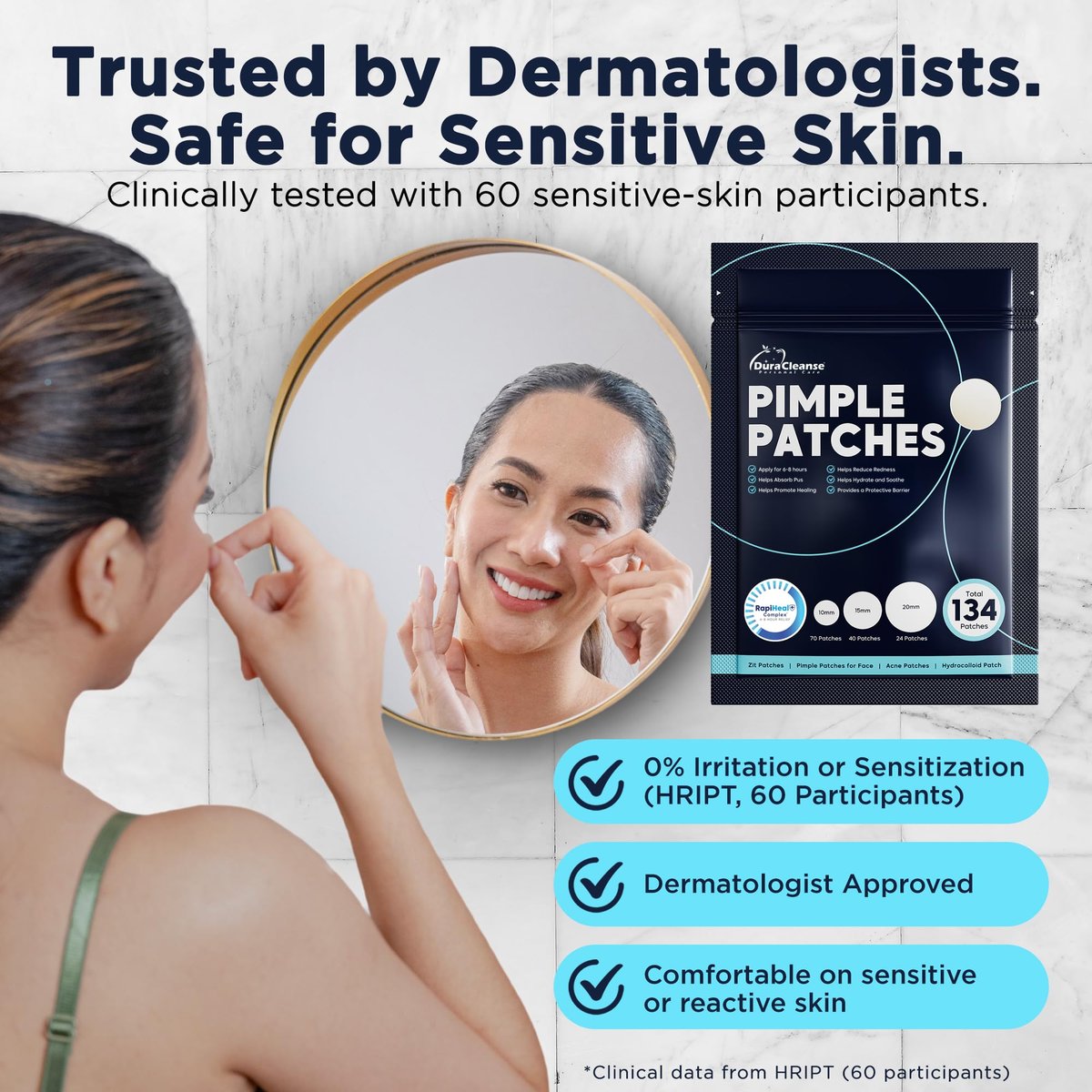 Dura Cleanse Pimple Patches for Face - 134 Count Hydrocolloid Acne Patches, Zit & Blemish Dots, Invisible Clear Stickers for Forehead, Chin, Nose, 3 Sizes (S, M, L) Avelisse