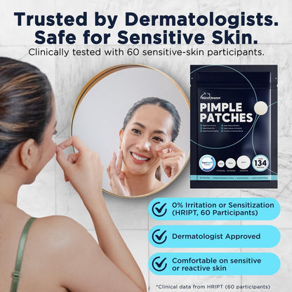 Dura Cleanse Pimple Patches for Face - 134 Count Hydrocolloid Acne Patches, Zit & Blemish Dots, Invisible Clear Stickers for Forehead, Chin, Nose, 3 Sizes (S, M, L) Avelisse