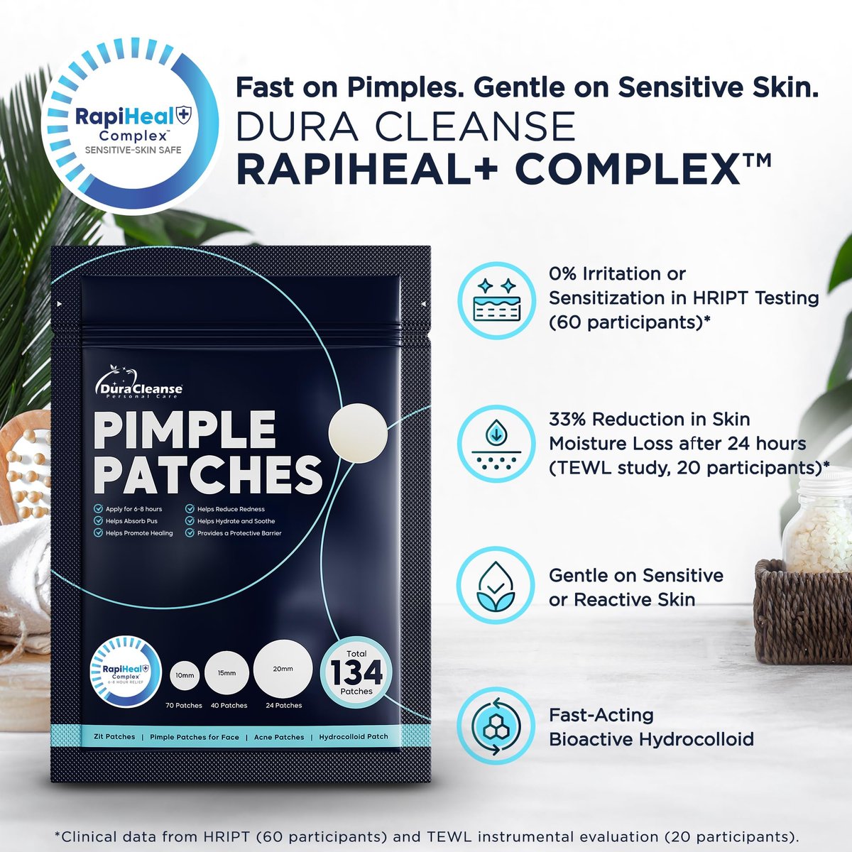 Dura Cleanse Pimple Patches for Face - 134 Count Hydrocolloid Acne Patches, Zit & Blemish Dots, Invisible Clear Stickers for Forehead, Chin, Nose, 3 Sizes (S, M, L) Avelisse