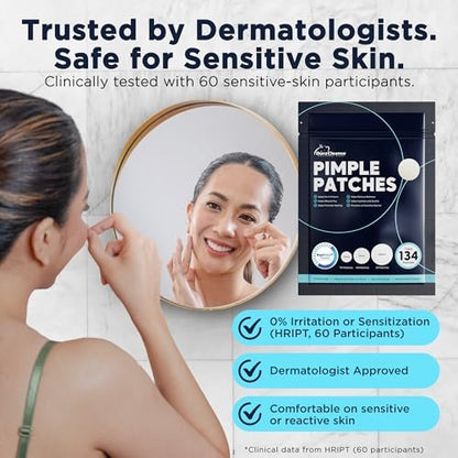Dura Cleanse Pimple Patches for Face - 134 Count Hydrocolloid Acne Patches, Zit & Blemish Dots, Invisible Clear Stickers for Forehead, Chin, Nose, 3 Sizes (S, M, L) Avelisse