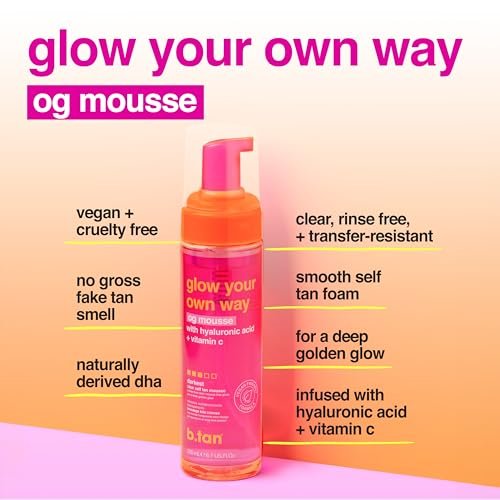 b.tan Clear Self Tanner Foam – Glow Your Own Way – Rinse-Free Express Sunless Tanning Water Mousse, Dark, No Transfer, Moisturizing Face & Body, No Fake Tan Smell, 6.7 Fl Oz Avelisse