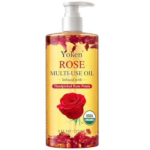 Yoken Multi-Use Organic Body Oil with Rose Petals, Vitamin E & Almond Oil - USDA Certified, 8 Fl Oz - Nourishing & Hydrating for Skin, Face, Hair & Nails Avelisse
